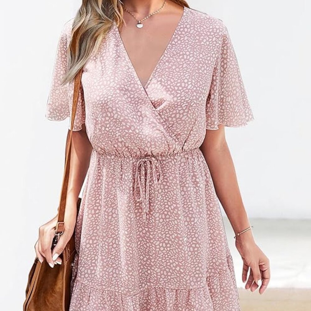 Women's Summer Dress, Short Sleeve, V Neck, Ruffle, Pink Floral Print